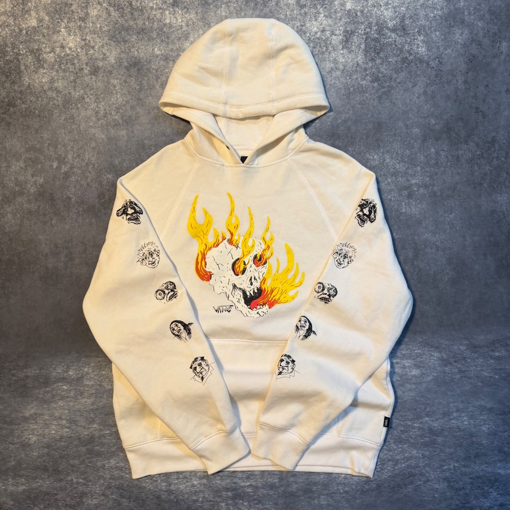 Vans Rowan Zorilla Pro "Versa" Flaming Skull Hoodie Mens Large White Graphic